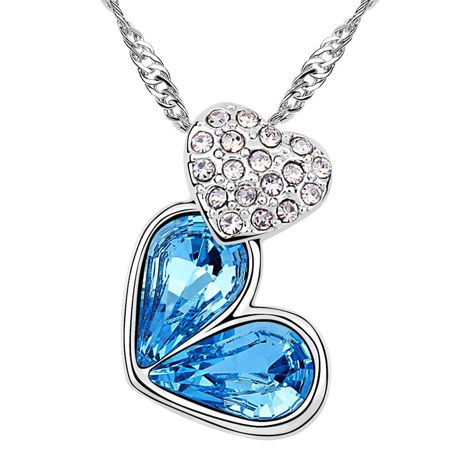 Sparkling Crystal Double Heart Pendant Silver Tone Necklace with Clear Pavé Accents